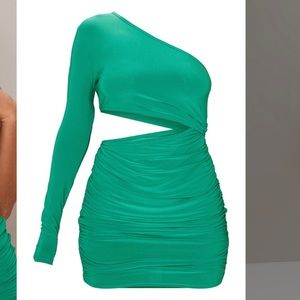 pretty little thing bright green slinky one shoulder body con cut out dress